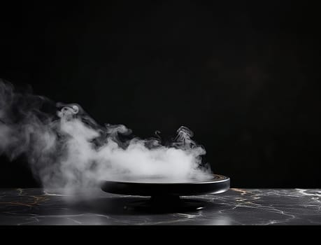 Empty round black podium with smoke on marble platform with black background for product display.