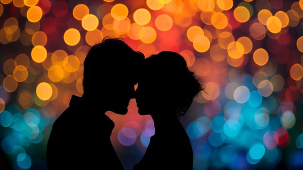 Silhouette of a couple with a colorful bokeh background. Neural network generated image. Not based on any actual person or scene.