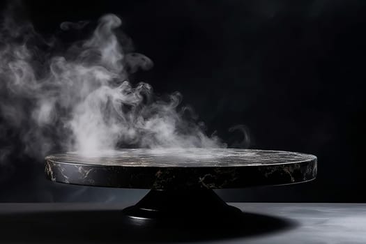 Empty round marble podium with smoke on black platform with black background for product display.