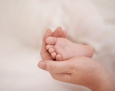 Feet, hand and parents with infant, support and love of parent for bonding or wellness. Family, close up of caring person holding baby toes for security, protection and childhood development.