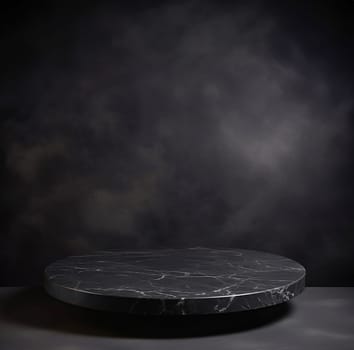 Empty round marble podium on black platform with black background for product display.