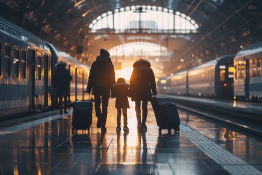 Family on platform of railway train station, Family vacation, Family travel trip.