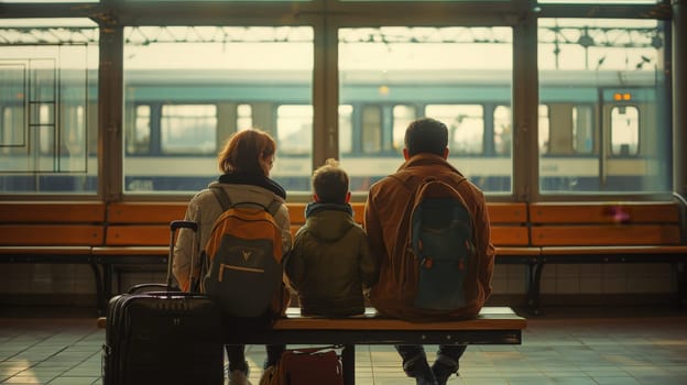 Family on platform of railway train station, Family vacation, Family travel trip.