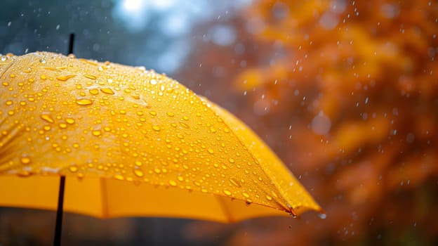 Close up, yellow umbrella under rainfall against a background of autumn leaves. Concept of rainy weather. Neural network generated image. Not based on any actual scene or pattern.