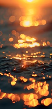 Sunset bokeh on water: golden sky over a body of water, with the light reflecting and creating a bokeh effect.. Neural network generated image. Not based on any actual scene or pattern.