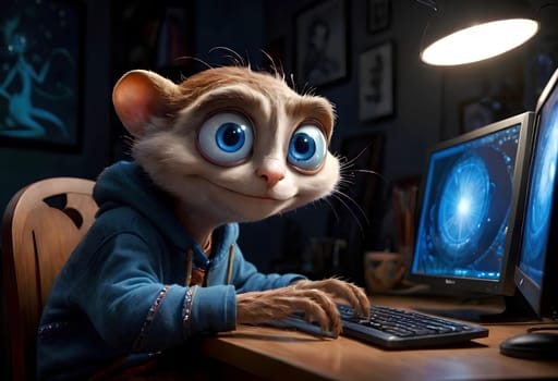 Ultra Realistic animated portrait of a webmaster sitting near a computer monitor with big round eyes. AI generated image.