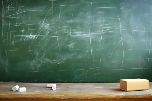 First-class, An empty green chalkboard with an eraser and white chalk, ready for Teacher's Day. Neural network generated image. Not based on any actual scene or pattern.