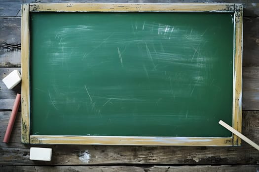 First-class, An empty green chalkboard with an eraser and white chalk, ready for Teacher's Day. Neural network generated image. Not based on any actual scene or pattern.