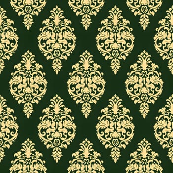 Seamless texture of green and gold damask pattern. Neural network generated image. Not based on any actual scene or pattern.