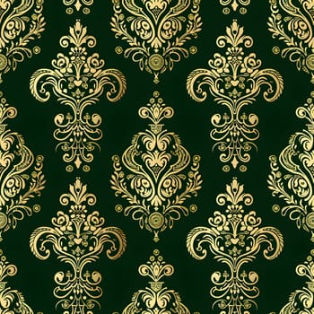 Seamless texture of green and gold damask pattern. Neural network generated image. Not based on any actual scene or pattern.