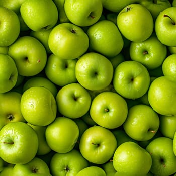 Seamless texture and background of green apples pile with high angle view. Neural network generated image. Not based on any actual scene or pattern.