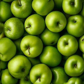 Seamless texture and background of green apples pile with high angle view. Neural network generated image. Not based on any actual scene or pattern.