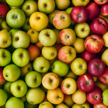 Seamless texture and background of different color apples pile with high angle view. Neural network generated image. Not based on any actual scene or pattern.