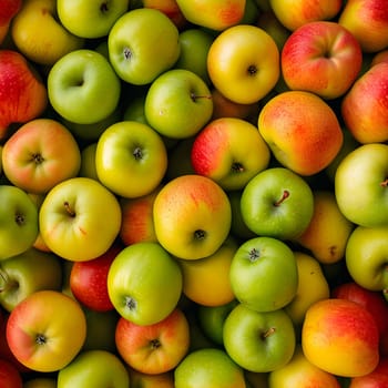 Seamless texture and background of different color apples pile with high angle view. Neural network generated image. Not based on any actual scene or pattern.