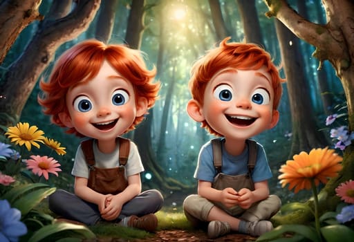 A happy little boy and girl are walking in a beautiful forest and laughing. AI generated image.