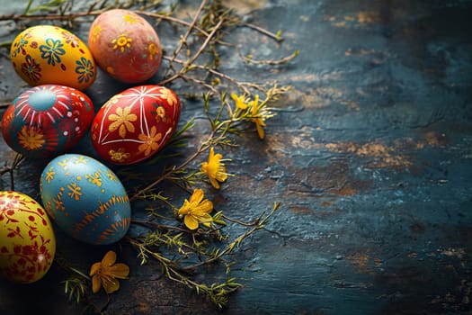 Beautiful decorated Easter eggs on a blue wooden surface. Easter composition, top view.