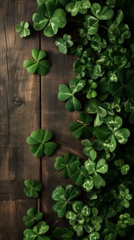 brown wooden planks board with clover - background for St. Patricks day. Neural network generated image. Not based on any actual scene or pattern.