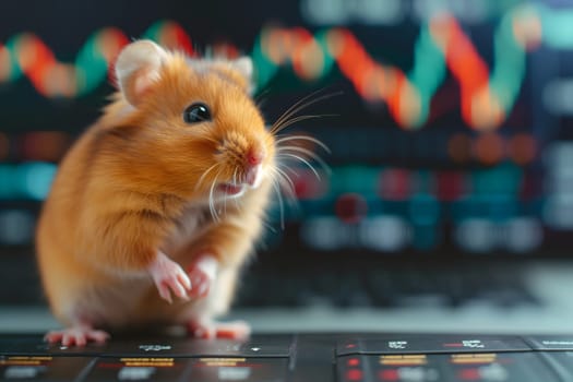 Hamster in front of blurry trading charts, novice in stock exchange and asset market concept. Neural network generated image. Not based on any actual scene or pattern.