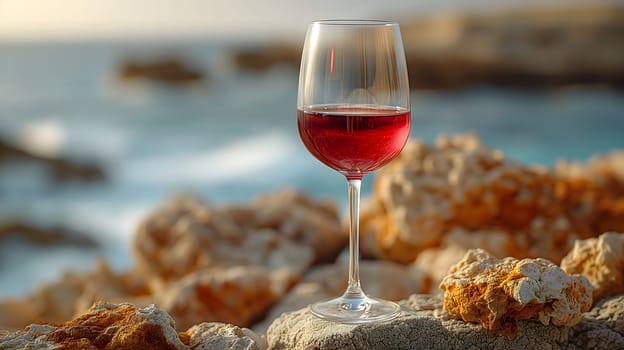 A glass of red wine on a stone wall, sea background, realistic, selective focus. Neural network generated image. Not based on any actual scene or pattern.