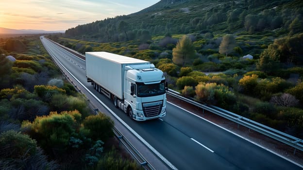 White European semitruck is seen from the sky on a highway backed by vegetation. Neural network generated image. Not based on any actual scene or pattern.