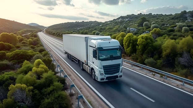 White European semitruck is seen from the sky on a highway backed by vegetation. Neural network generated image. Not based on any actual scene or pattern.