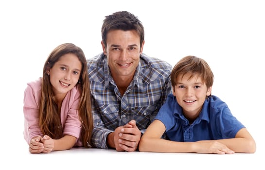 Floor, white background and portrait of father with children for bonding, relax together and love. Family, parenthood and happy dad, girl and boy with smile for connection, care and trust in studio.