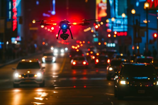 Copter drone flying low at night downtown city street. Neural network generated image. Not based on any actual scene or pattern.