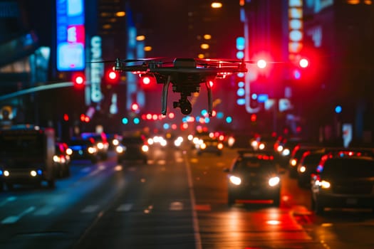 Copter drone flying low at night downtown city street. Neural network generated image. Not based on any actual scene or pattern.