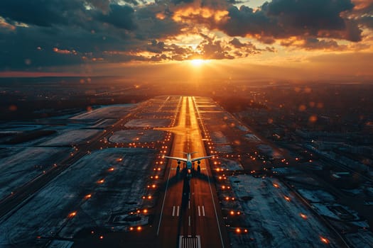 Top view of the runway with an airplane at sunset, dawn.