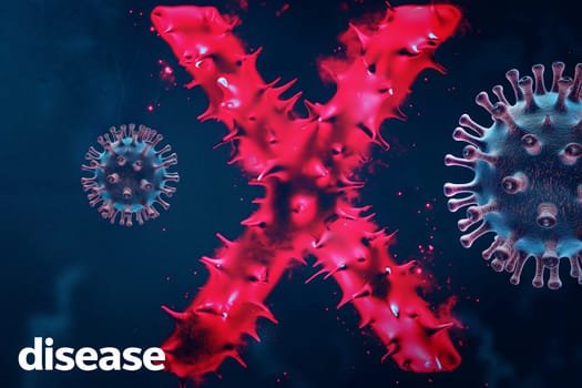 Disease X conceptual composition with coronaviruses for new pandemic topic. Neural network generated image. Not based on any actual scene or pattern.