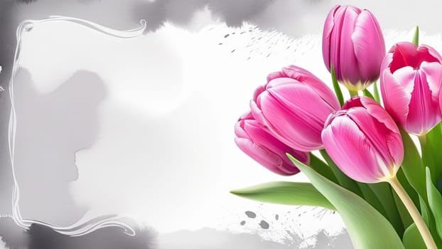 Banner.Bouquet of pink spring tulips on a white background, drawn in watercolor. Copy space. Place for text.