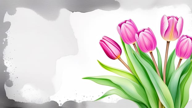 Banner.Bouquet of pink spring tulips on a white background, drawn in watercolor. Copy space. Place for text.