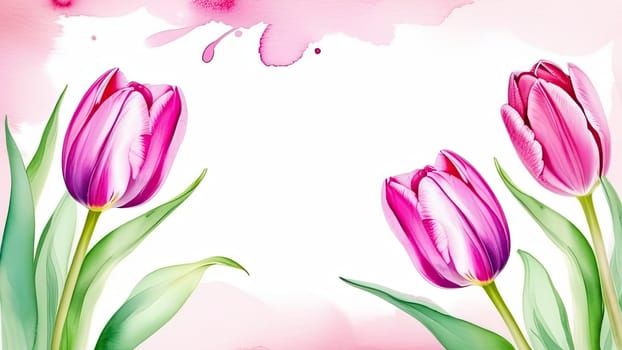 Banner.Bouquet of pink spring tulips on a white background, drawn in watercolor. Copy space. Place for text.