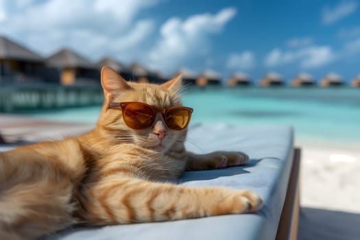 tabby cat with sunglasses laid on tropical beach, vacation theme. Neural network generated image. Not based on any actual person or scene.