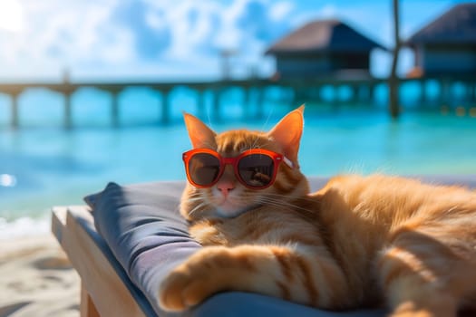 tabby cat with sunglasses laid on tropical beach, vacation theme. Neural network generated image. Not based on any actual person or scene.