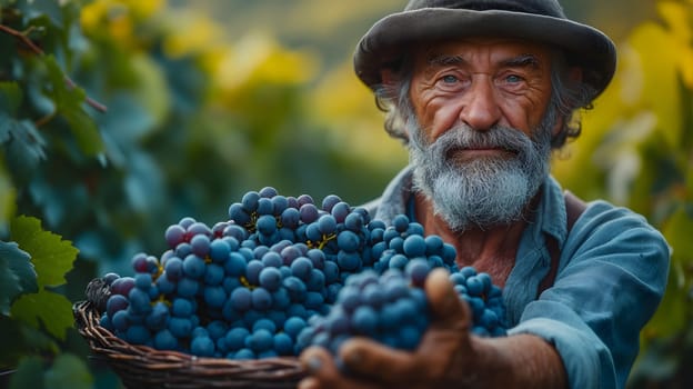 Close-up shot of weathered farmer hands gently harvesting ripe grapes in a sunlit vineyard. Neural network generated image. Not based on any actual scene or pattern.