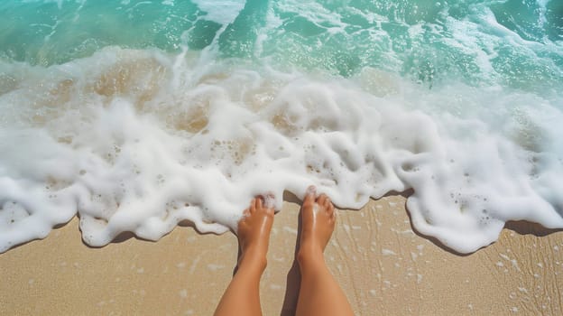 person's legs on a sandy beach as they enjoy the soothing approach of foamy ocean waves, capturing the essence of relaxation and summertime bliss. Neural network generated image. Not based on any actual scene or pattern.