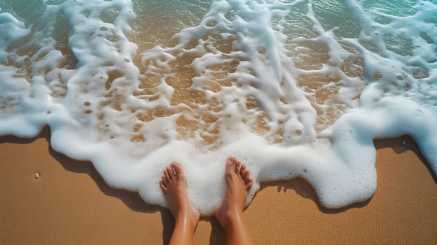 person's legs on a sandy beach as they enjoy the soothing approach of foamy ocean waves, capturing the essence of relaxation and summertime bliss. Neural network generated image. Not based on any actual scene or pattern.