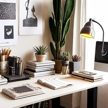 Creative Workspace. A chic and organized workspace with a stylish desk lamp, succulent plants, and a stack of books.