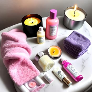 Self-care Ritual. A flat lay composition of pampering essentials such as scented candles, a plush towel, aromatic bath salts, and a skincare mask to convey the importance of self-care and relaxation