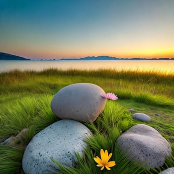 Inspirational Nature. A serene landscape photograph of a peaceful meadow at sunrise with a single flower resting on a rock or in the grass to convey a sense of tranquility and inner strength.