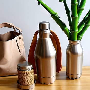 Sustainable Living. Showcase a sustainable lifestyle with a composition of reusable eco-friendly products like a bamboo toothbrush, a stainless steel water bottle, and a canvas tote bag