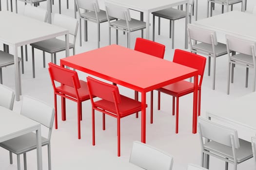 Unique red table and chairs among other grey ones in the restaurant
