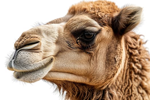 Close-up portrait of an adult camel on a white background.