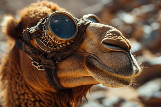 Portrait of an adult camel in the desert wearing safety glasses.