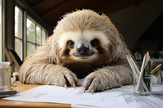 Sloth sits at a table with white paper and pencils.