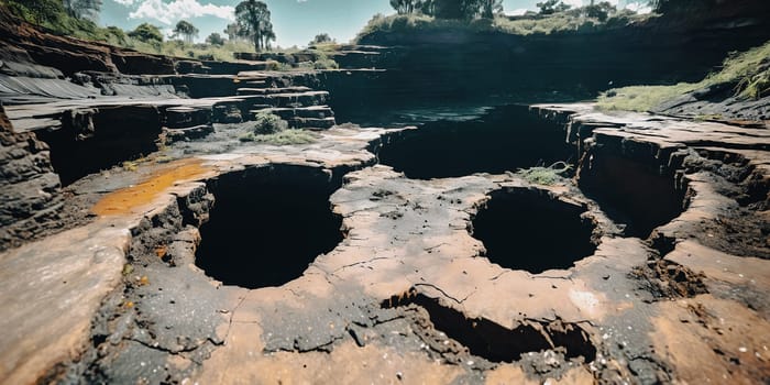 The surreal sight of a sinkhole swallowing up a section of land, showcasing the sudden and dramatic geological event with a focus on the gaping hole and crumbling surroundings. Panorama
