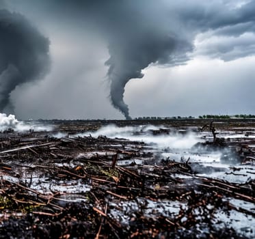 The raw power of a tornado by focusing on its twisting motion as it ravages the landscape, showcasing its destructive force amidst a barren field. Panorama
