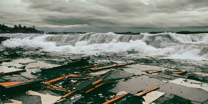 The aftermath of a powerful tsunami with debris scattered across a coastal area, emphasizing the sheer scale of destruction caused by the relentless waves. Panorama