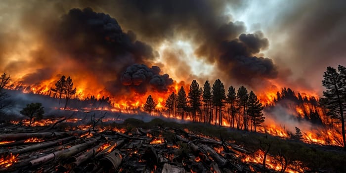 The intensity of a raging wildfire as it engulfs a forest in flames, capturing the spectacle of fiery embers and billowing smoke against a darkened sky. Panorama